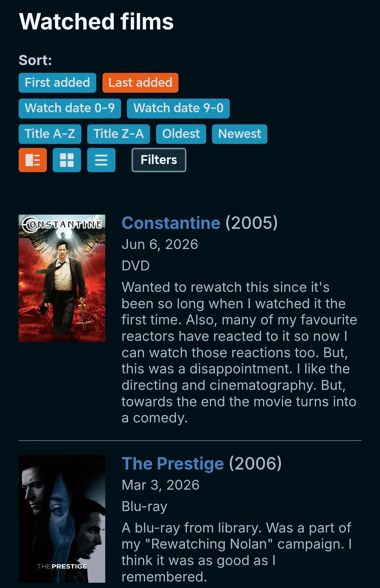 Filmsomniac movie diary preview in mobile device